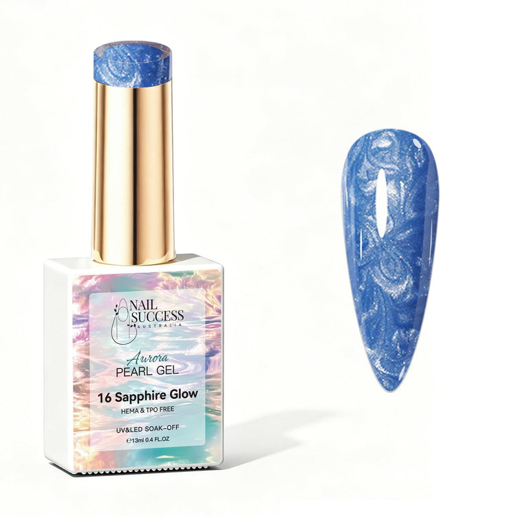 Nail Success Australia Aurora Pearl Gel in Sapphire Glow, shown with blue pearl shimmer swatch and glossy soak-off gel polish finish