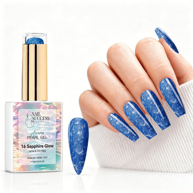 Sapphire Glow aurora pearl gel polish with sapphire blue pearl shimmer swatch and matching manicure for HEMA and TPO free salon nails