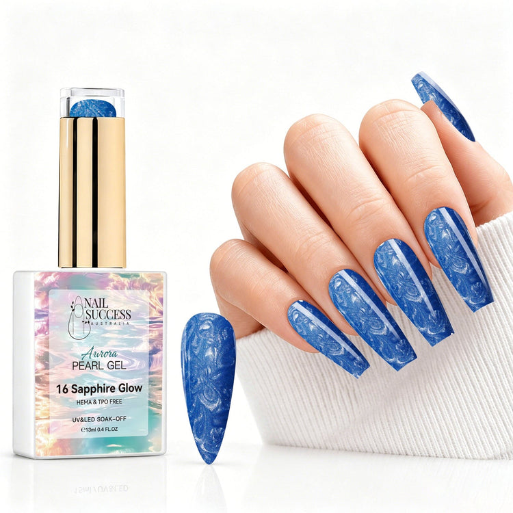 Sapphire Glow aurora pearl gel polish with sapphire blue pearl shimmer swatch and matching manicure for HEMA and TPO free salon nails