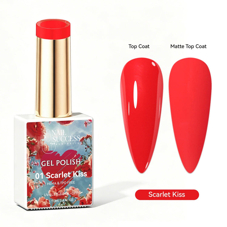 Nail Success Australia Scarlet Kiss red gel polish with glossy and matte nail colour swatches