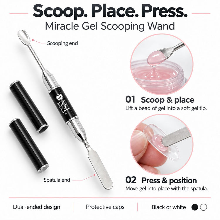 Black NSI Miracle Gel scooping wand with spatula end and two caps, shown scooping pink gel and pressing it into a clear nail tip.