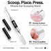 Black NSI Miracle Gel scooping wand with spatula end and two caps, shown scooping pink gel and pressing it into a clear nail tip.
