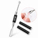 Black NSI double-ended gel scooping wand and spatula with two protective caps, shown placing pink gel into a clear nail form.