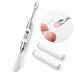 White NSI double-ended gel scooping wand and spatula with two protective caps, shown placing pink gel into a clear nail form.