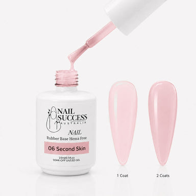Second Skin Rubber Base Gel - open bottle with brush and swatches