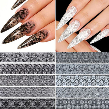Black and white floral lace nail art transfer foils with matching stiletto manicure – NSI Australia