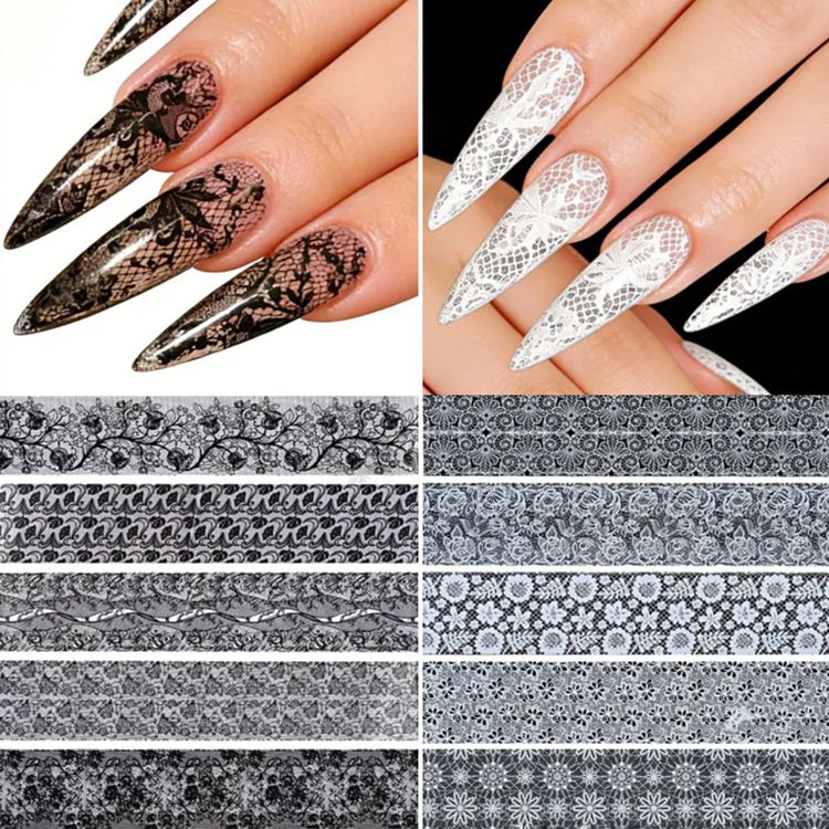 Black and white floral lace nail art transfer foils with matching stiletto manicure – NSI Australia