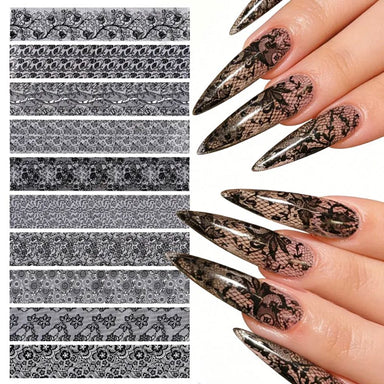 Black floral lace nail art transfer foil designs with matching stiletto manicure – NSI Australia