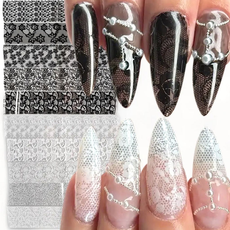 Black and white floral lace nail art transfer foils with matching stiletto manicure – NSI Australia