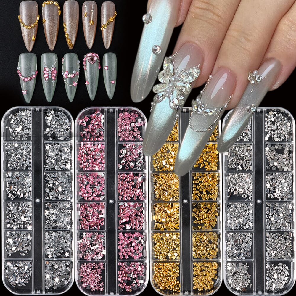 Mixed-shape nail rhinestones & metal studs — silver, pink and gold 12-grid trays with example embellished nails — NSI Australia