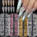 Mixed-shape nail rhinestones & metal studs — silver, pink and gold 12-grid trays with example embellished nails — NSI Australia