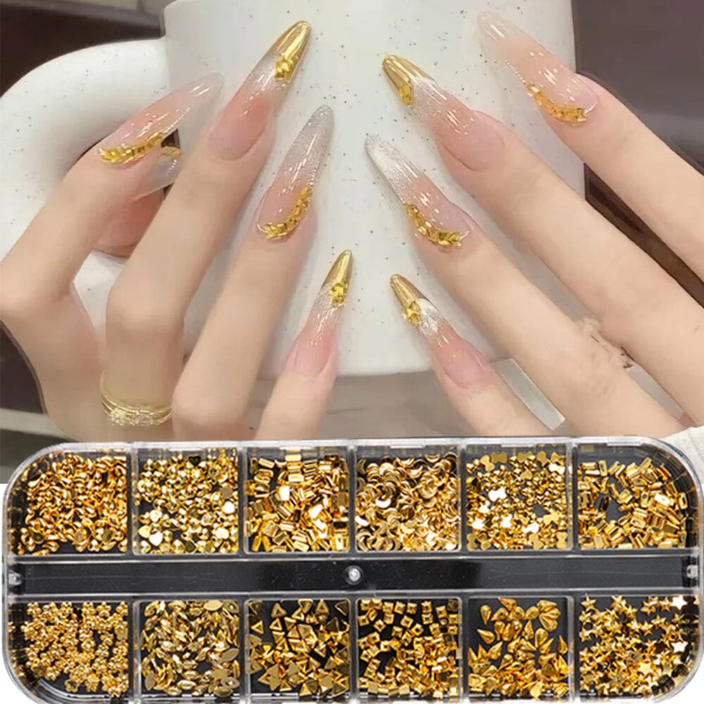 Gold shaped nail studs & rhinestones set — 12-grid organizer with assorted shapes and example long acrylic nails — NSI Australia