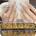 Gold shaped nail studs & rhinestones set — 12-grid organizer with assorted shapes and example long acrylic nails — NSI Australia