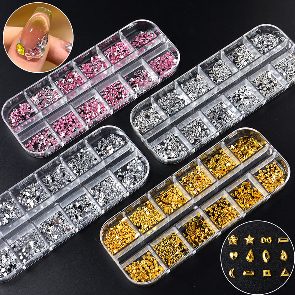 Shaped nail rhinestones & metal studs — silver, gold and pink 12-grid trays with assorted charms and example nail art — NSI Australia