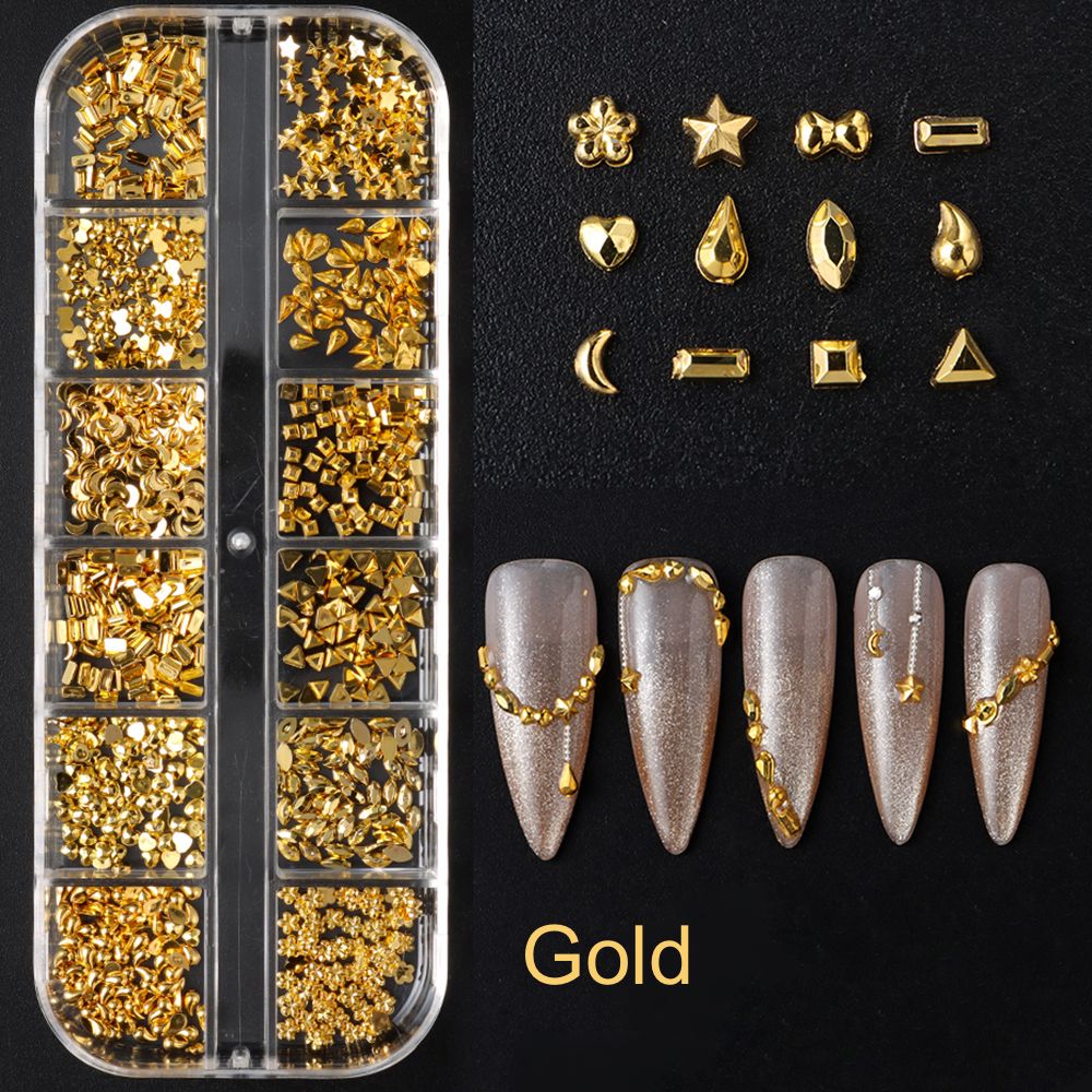 Gold shaped nail rhinestones & metal studs set — 12-grid tray with stars, hearts, moons, teardrops + sample designs — NSI Australia