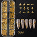 Gold shaped nail rhinestones & metal studs set — 12-grid tray with stars, hearts, moons, teardrops + sample designs — NSI Australia