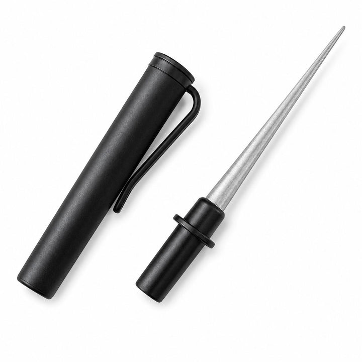 Nail tool sharpening file with black protective case and fine tapered silver sharpening rod for maintaining manicure scissors, cuticle nippers and precision nail tools
