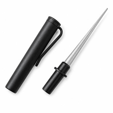 Nail tool sharpening file with black protective case and fine tapered silver sharpening rod for maintaining manicure scissors, cuticle nippers and precision nail tools