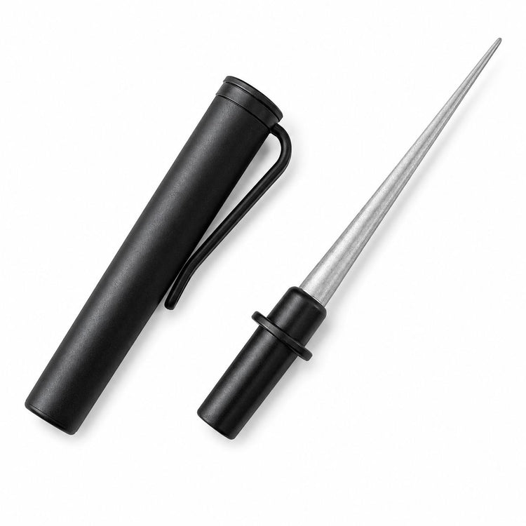 Nail tool sharpening file with black protective case and fine tapered silver sharpening rod for maintaining manicure scissors, cuticle nippers and precision nail tools