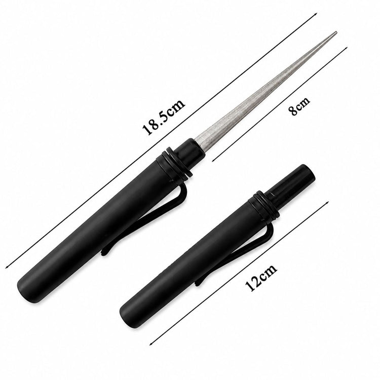 Nail tool sharpening file with 18.5cm total length, 8cm tapered sharpening rod and 12cm black protective case for maintaining manicure scissors, cuticle nippers and precision nail tools