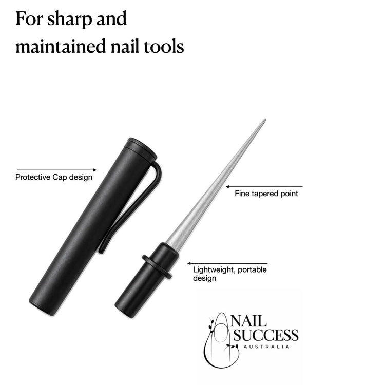 Nail Success Australia sharpening tool with protective cap, fine tapered point and lightweight portable design for keeping manicure scissors, cuticle nippers and nail tools sharp