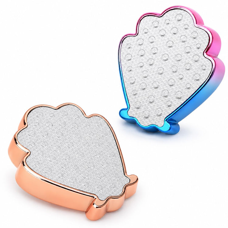 Nail Success Australia shell-shaped washable foot files in rose gold and rainbow finish with textured exfoliating surface for pedicure callus care