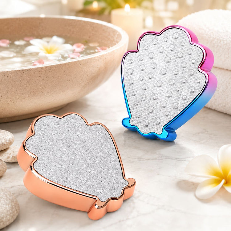 Shell-shaped foot file and callus remover in rose gold and rainbow finish for spa pedicure heel care
