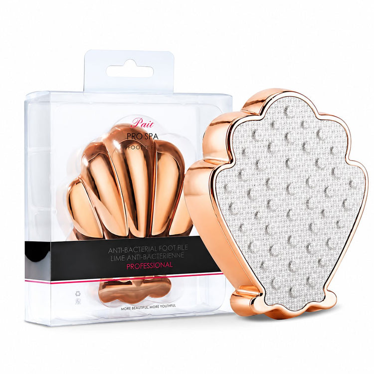 Rose gold shell-shaped foot file and callus remover with packaging for washable professional spa pedicure care
