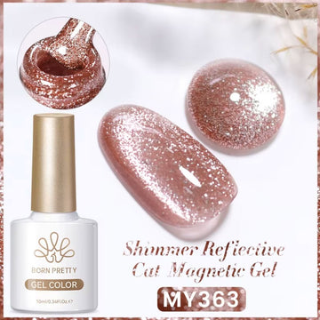 Born Pretty MY363 Shimmer Reflective Cat Magnetic Gel with rose gold glitter cat eye swatches and bottle