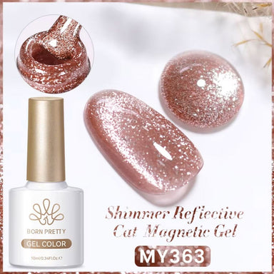 Born Pretty MY363 Shimmer Reflective Cat Magnetic Gel with rose gold glitter cat eye swatches and bottle