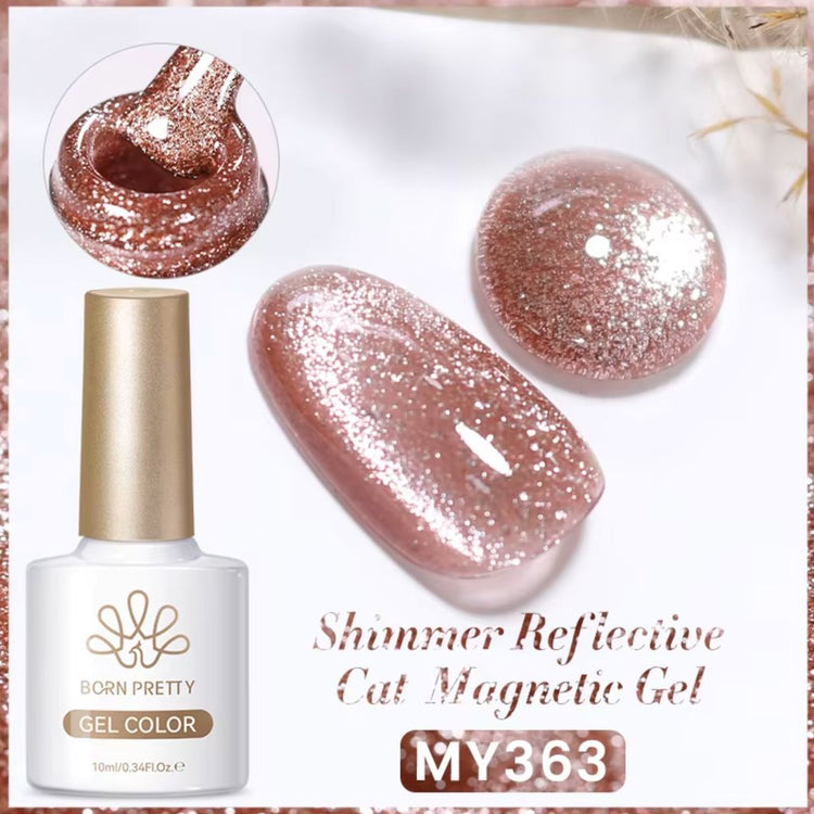 Born Pretty MY363 Shimmer Reflective Cat Magnetic Gel with rose gold glitter cat eye swatches and bottle
