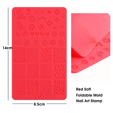 Red soft foldable silicone 3D nail art stamping mold with floral and pattern designs, NSI Australia