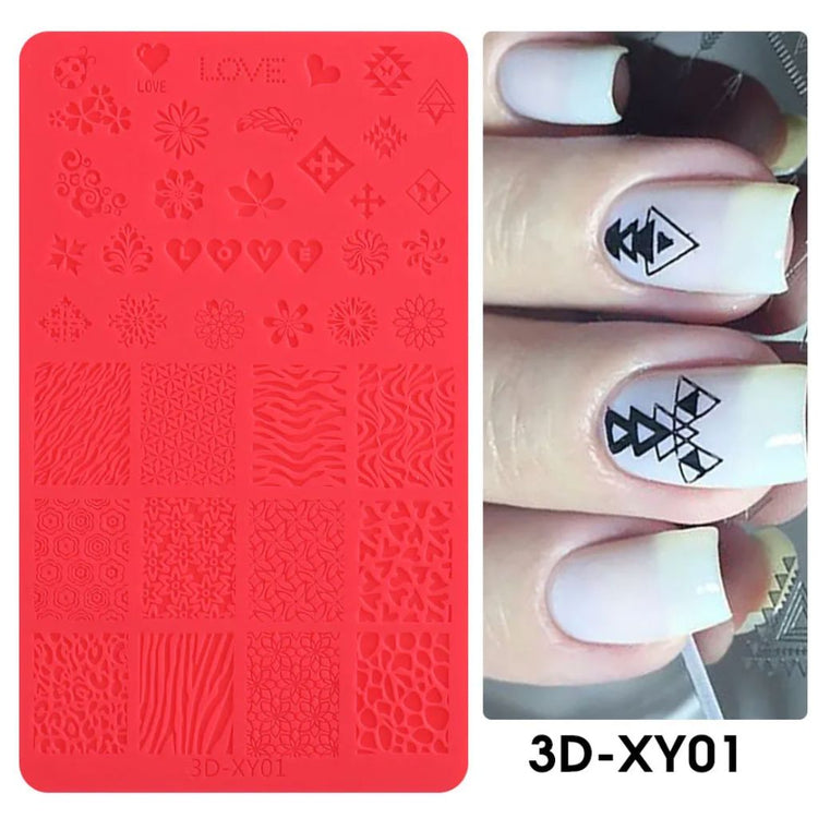 Red silicone 3D nail art stamping mold with floral, geometric and pattern designs, 3D-XY01, NSI Australia