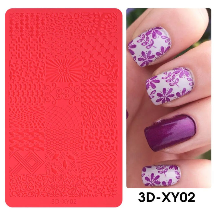 Red silicone 3D nail art stamping mold with floral and pattern designs, 3D-XY02, NSI Australia