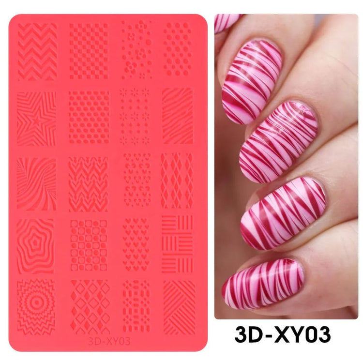 Pink silicone 3D nail art stamping mold with striped and geometric pattern designs, 3D-XY03, NSI Australia