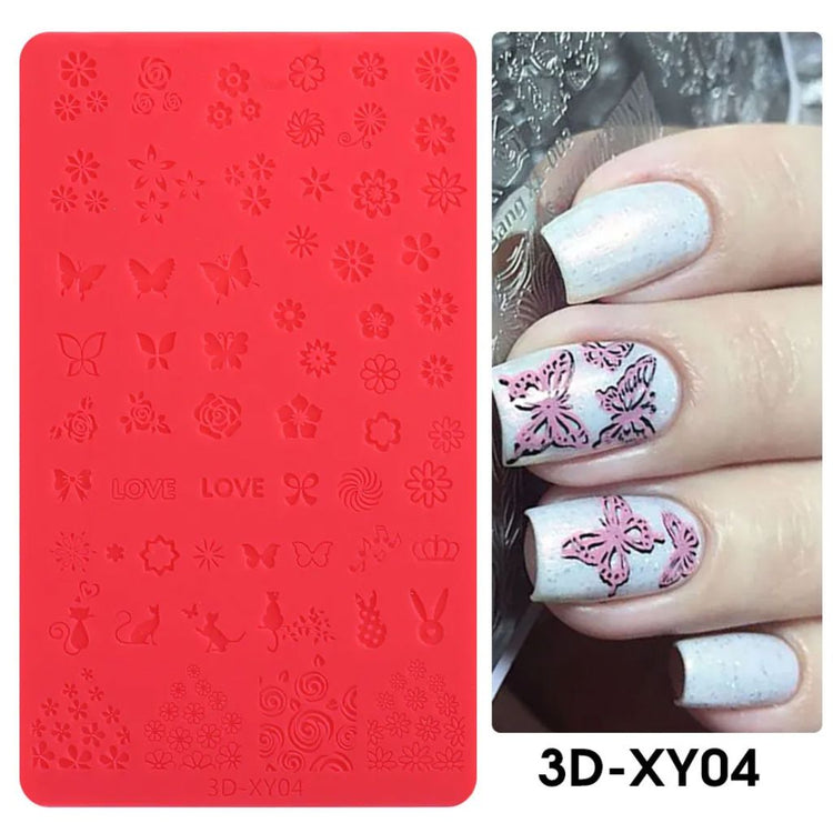 Red silicone 3D nail art stamping mold with butterfly and flower designs, 3D-XY04, NSI Australia