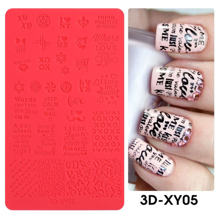 Red silicone 3D nail art stamping mold with love word and typography designs, 3D-XY05, NSI Australia