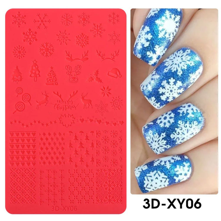 Red silicone 3D nail art stamping mold with Christmas snowflake designs, 3D-XY06, NSI Australia