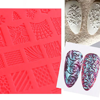 Pink silicone 3D nail art stamping mold with textured pattern designs and manicure examples, NSI Australia