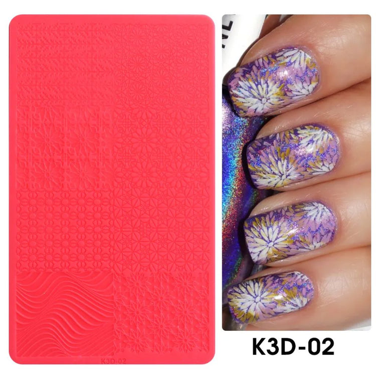 Pink silicone 3D nail art stamping mold with floral and wave pattern designs, K3D-02, NSI Australia