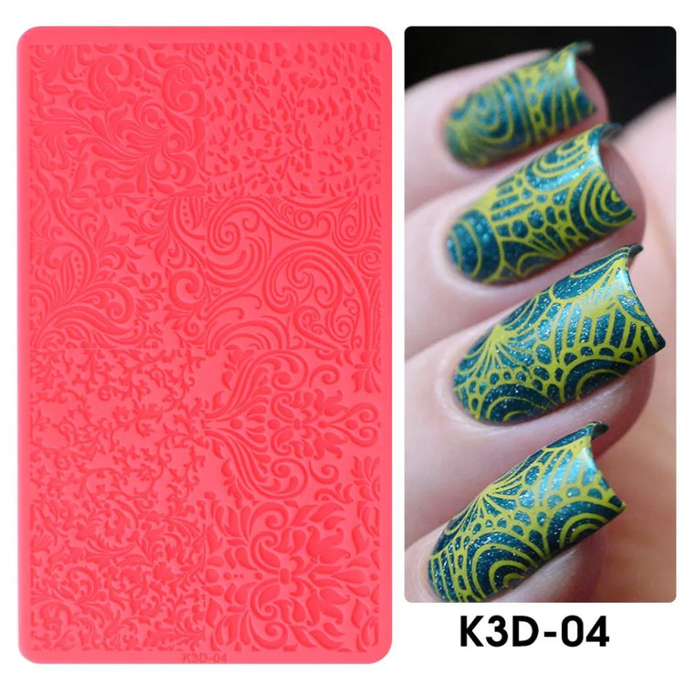 Pink silicone 3D nail art stamping mold with ornate swirl pattern designs, K3D-04, NSI Australia