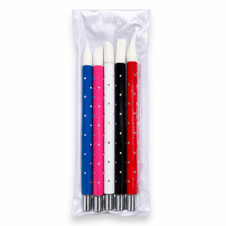 Silicone nail art tools bling set in clear packaging with 5 colourful rhinestone handles and soft silicone tips for gel shaping and nail art designs