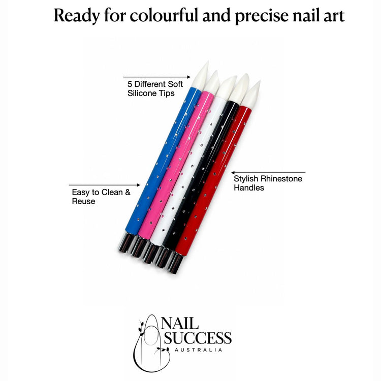 Silicone nail art tools bling set with 5 soft silicone tips, reusable rhinestone handles and feature callouts for colourful precise nail designs