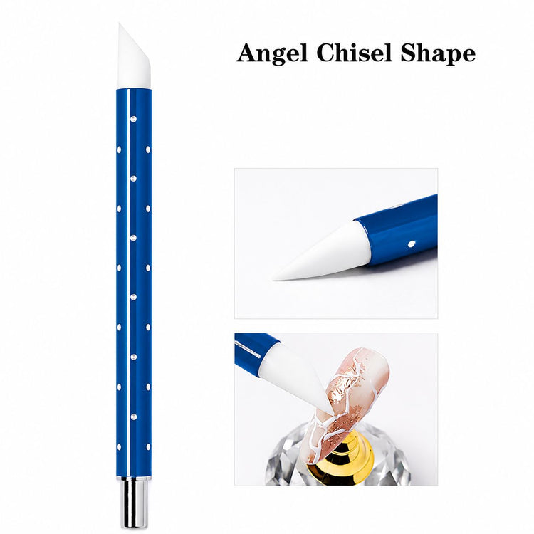 Blue angled chisel silicone nail art tool for shaping gel and creating detailed marble nail designs.