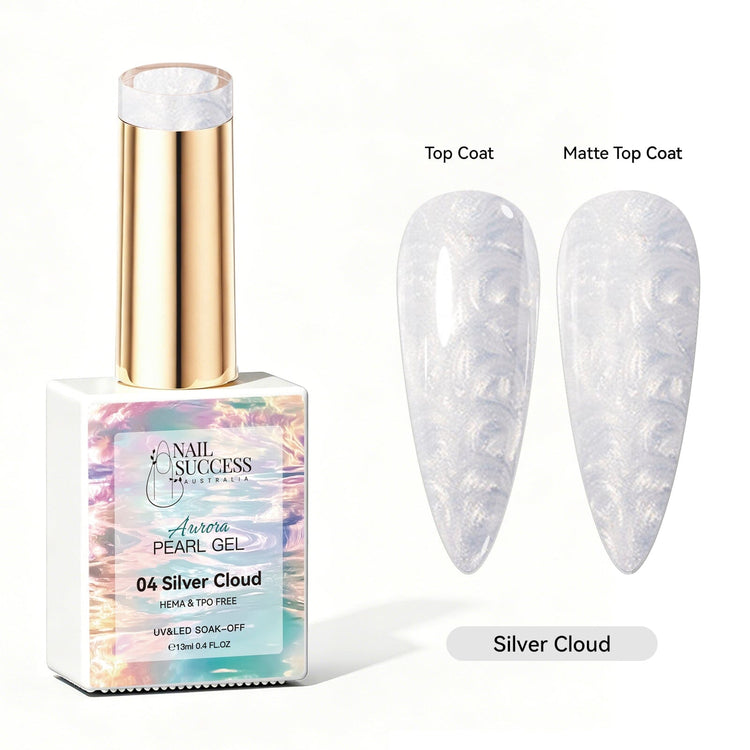 Silver Cloud Aurora Pearl Gel Polish with white silver pearl shimmer swatches in top coat and matte finish