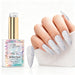 Silver Cloud aurora pearl gel polish with soft silver pearl shimmer swatch and matching manicure for HEMA and TPO free salon nails