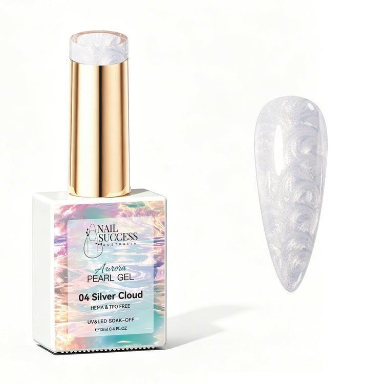 Silver Cloud Aurora Pearl Gel Polish with white silver pearl shimmer swatch and glossy nail finish