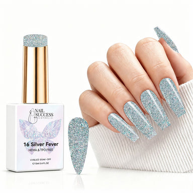 Silver Fever HEMA- and TPO-free reflective silver glitter gel polish with matching manicure – Nail Success Australia