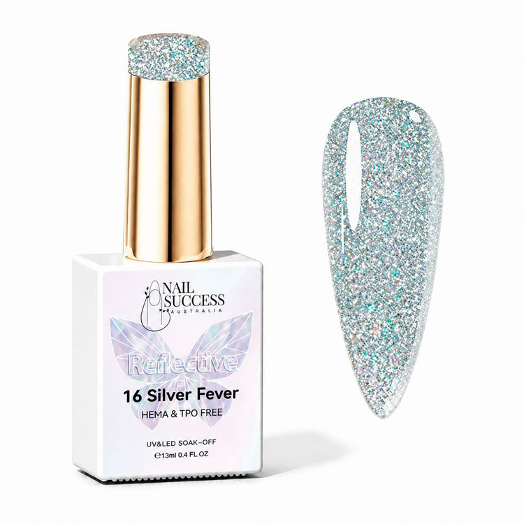 Silver Fever HEMA- and TPO-free reflective silver glitter gel polish with nail swatch – Nail Success Australia