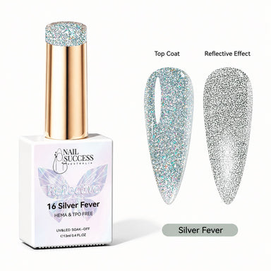 Silver Fever HEMA- and TPO-free reflective silver glitter gel polish with top coat and reflective-effect swatches – Nail Success Australia
